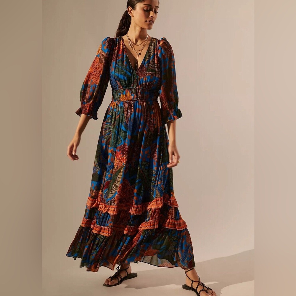 Anthropologie Farm Rio Blue & Orange Floral Puff Sleeve Maxi Dress Size Medium